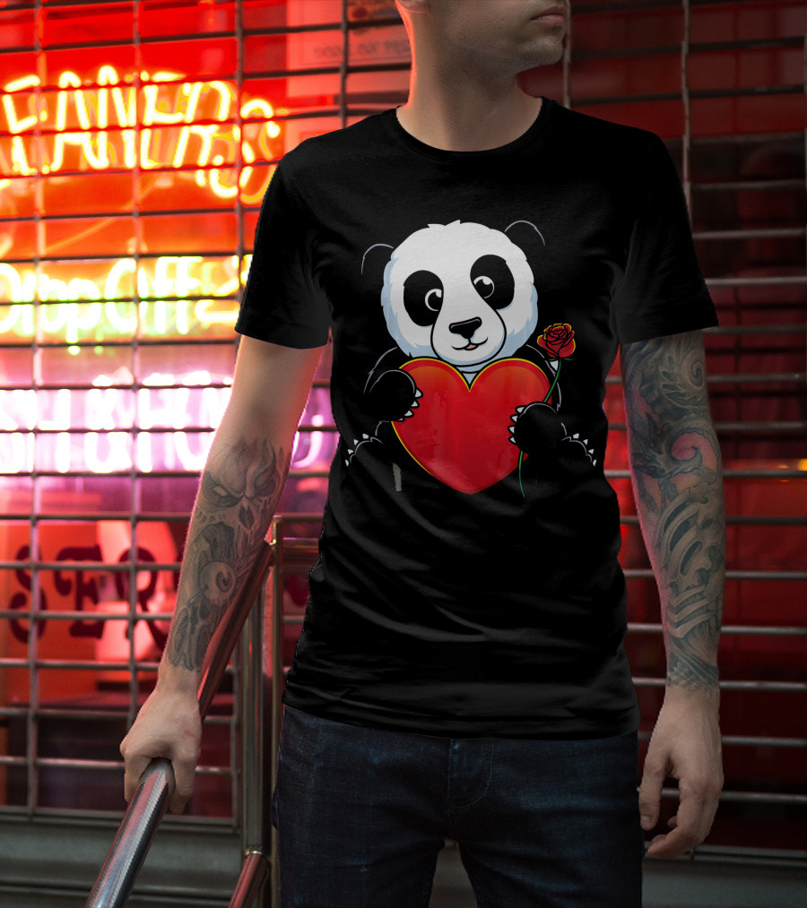 Panda Bear Holding Heart And Rose Valentines Day Love T-Shirt