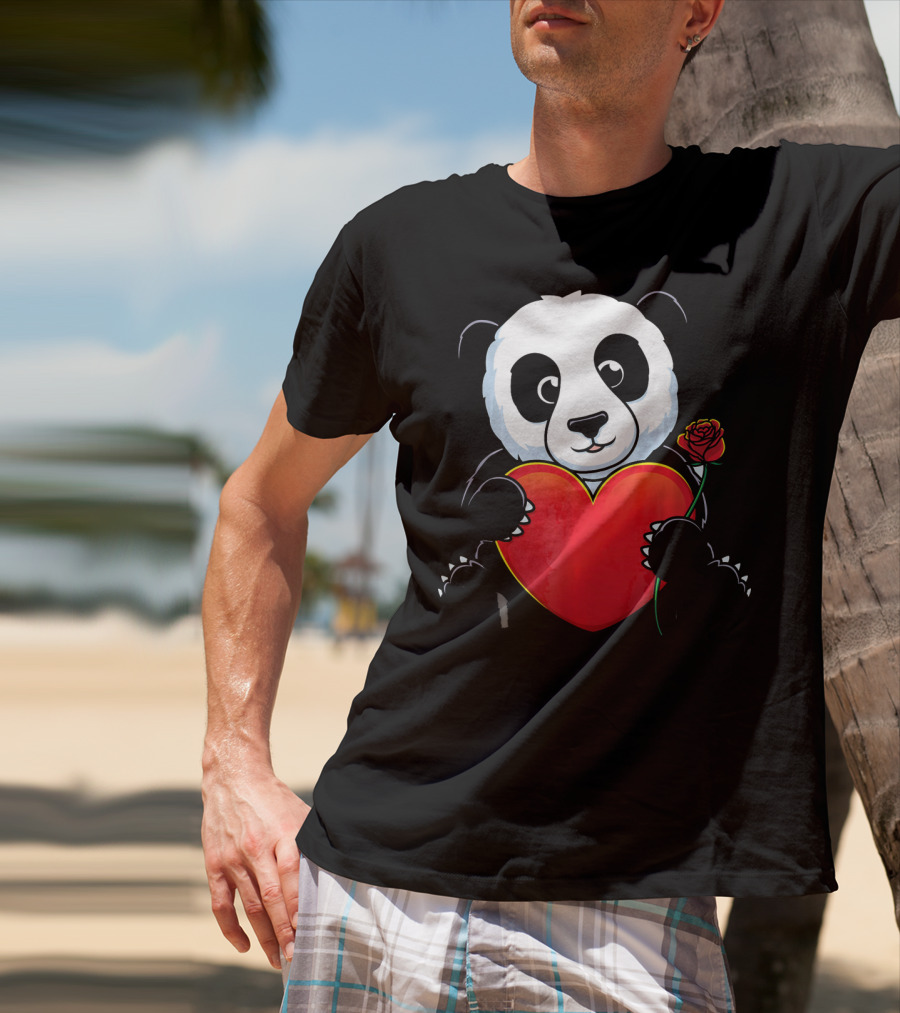 Panda Bear Holding Heart And Rose Valentines Day Love T-Shirt