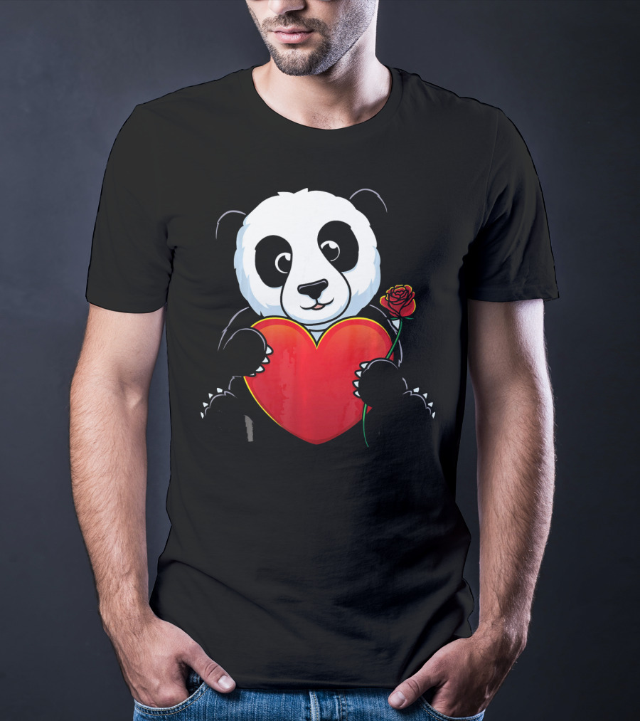 Panda Bear Holding Heart And Rose Valentines Day Love T-Shirt