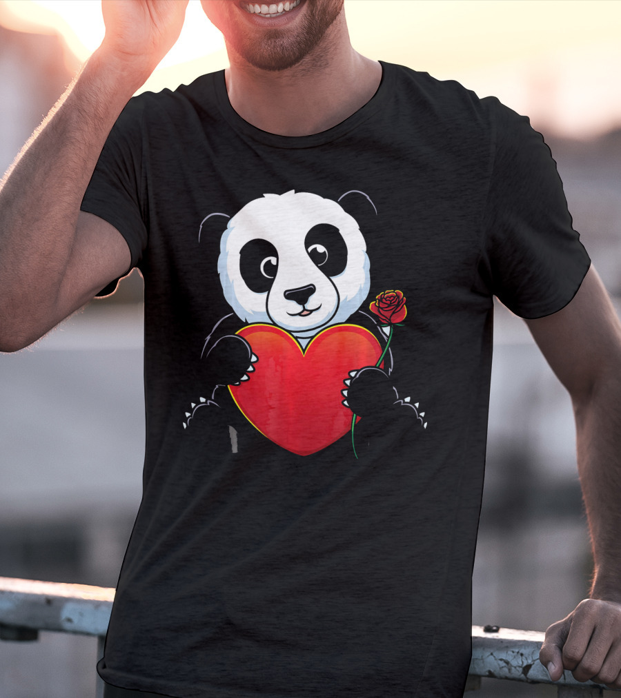 Panda Bear Holding Heart And Rose Valentines Day Love T-Shirt