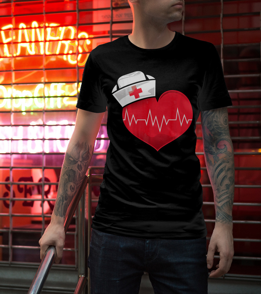 Nurse Heartbeat Valentine Costume With White Nurse Hat And Red Heartbeat Line T-Shirt