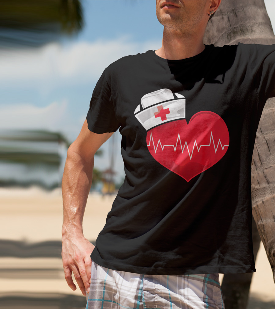 Nurse Heartbeat Valentine Costume With White Nurse Hat And Red Heartbeat Line T-Shirt
