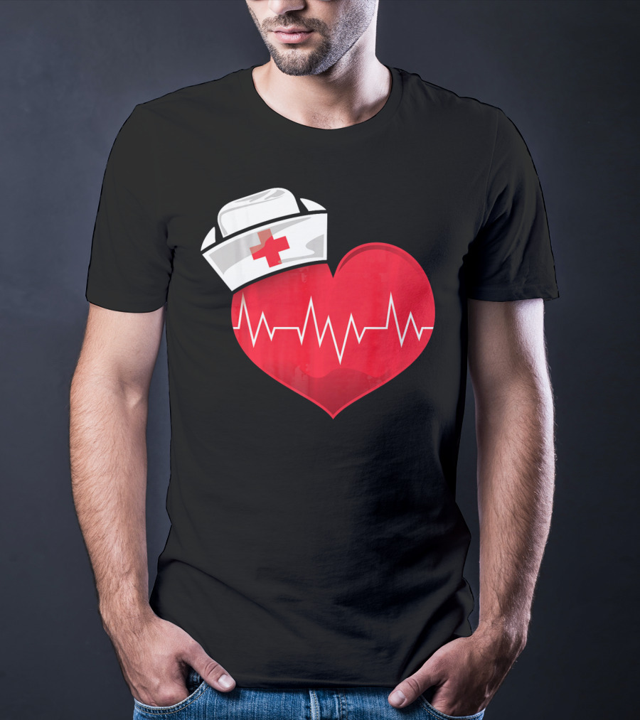 Nurse Heartbeat Valentine Costume With White Nurse Hat And Red Heartbeat Line T-Shirt