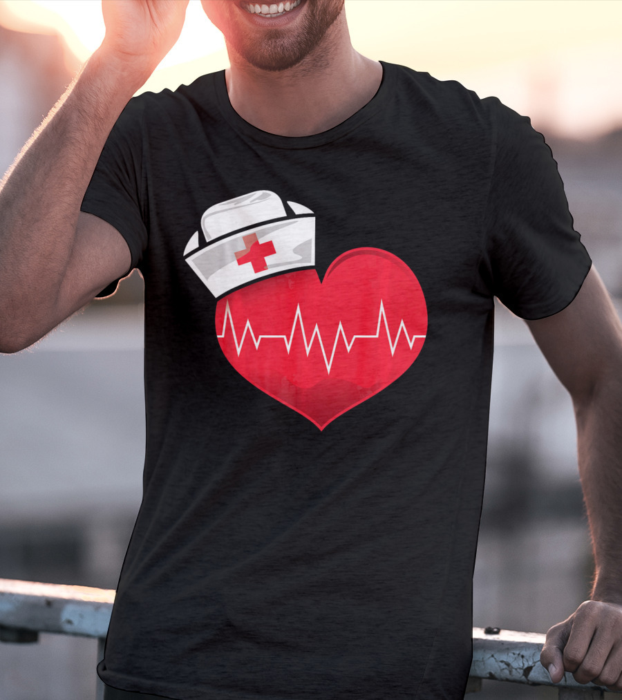 Nurse Heartbeat Valentine Costume With White Nurse Hat And Red Heartbeat Line T-Shirt