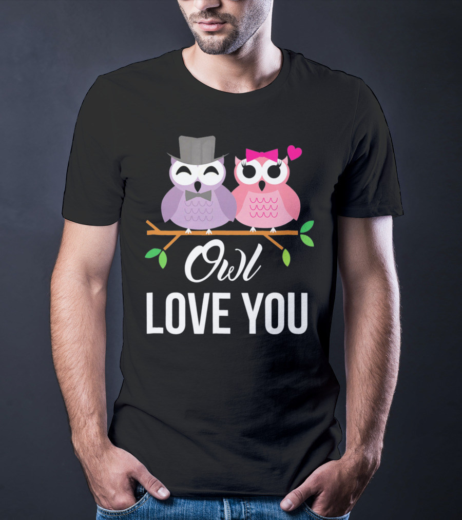 Owl Love You Valentines Pink And Purple Owls With Hats And Heart T-Shirt