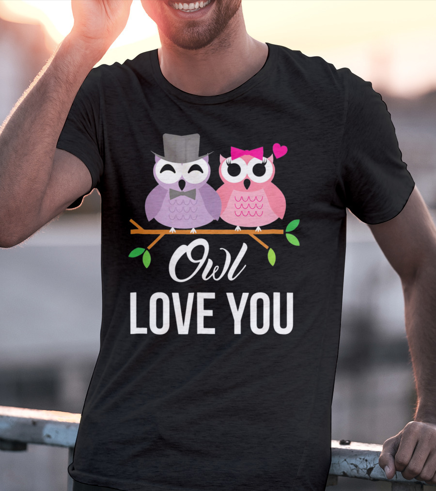 Owl Love You Valentines Pink And Purple Owls With Hats And Heart T-Shirt