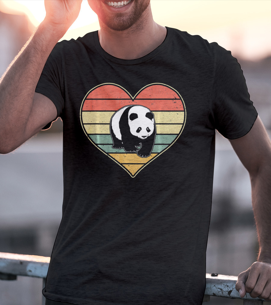Panda Bear Vintage Heart Retro Stripes T-Shirt