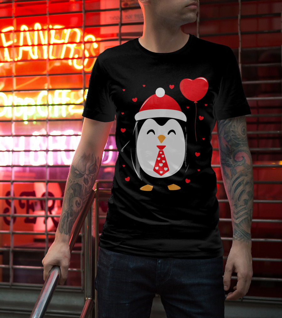 Penguin Valentines Day Heart Balloon Santa Hat And Hearts T-Shirt