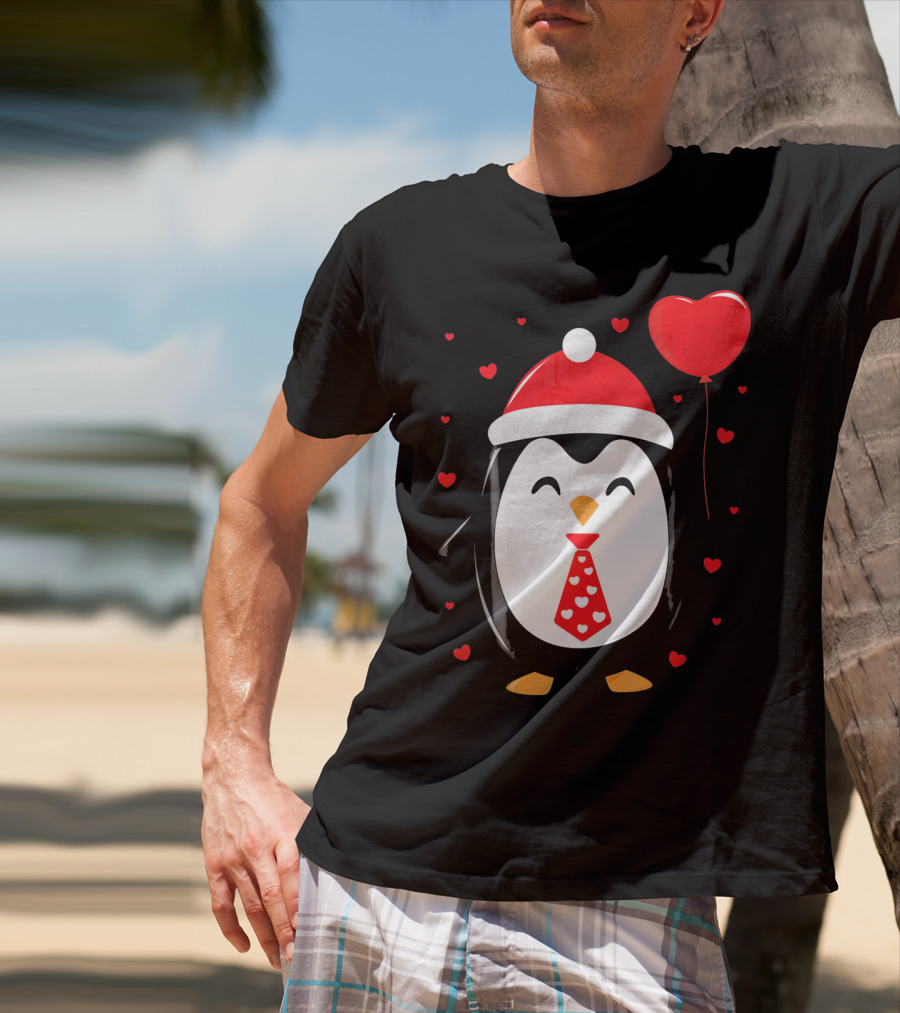 Penguin Valentines Day Heart Balloon Santa Hat And Hearts T-Shirt