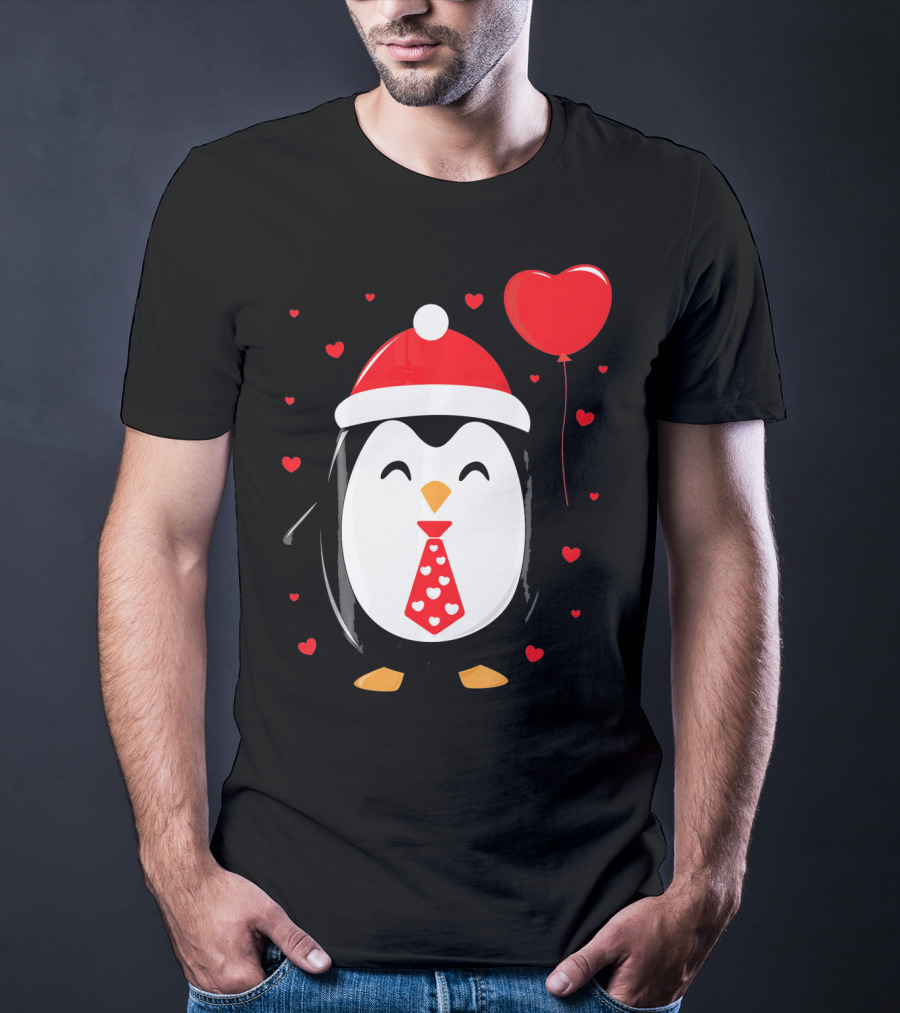 Penguin Valentines Day Heart Balloon Santa Hat And Hearts T-Shirt