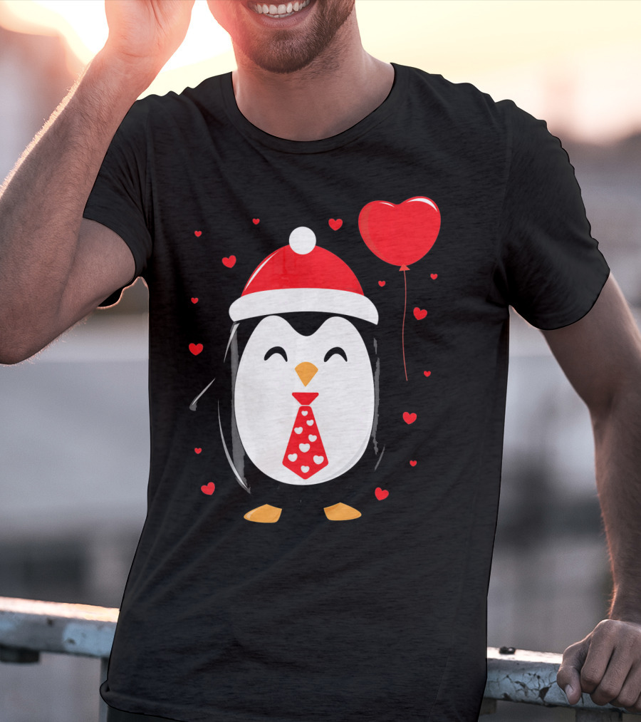 Penguin Valentines Day Heart Balloon Santa Hat And Hearts T-Shirt