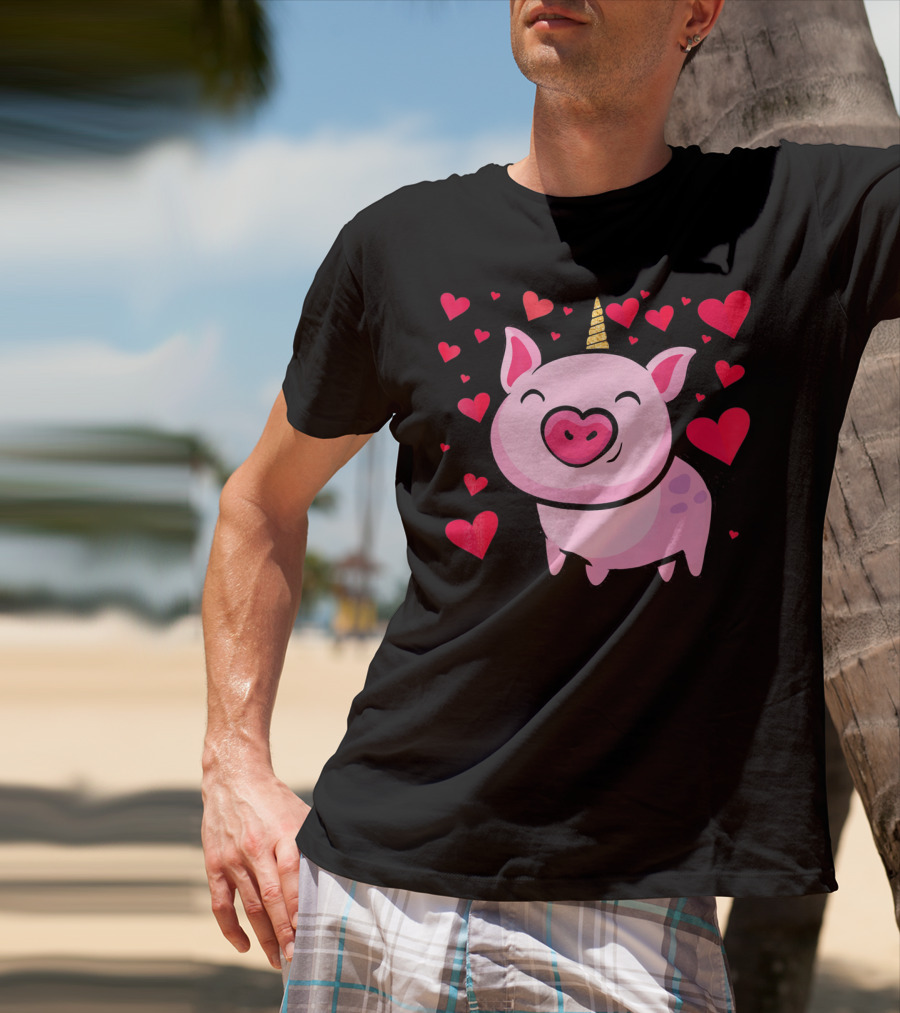 Pigacorn Valentine Unicorn Pig With Hearts For Lovers T-Shirt