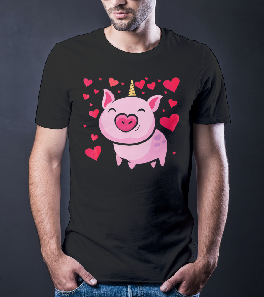 Pigacorn Valentine Unicorn Pig With Hearts For Lovers T-Shirt