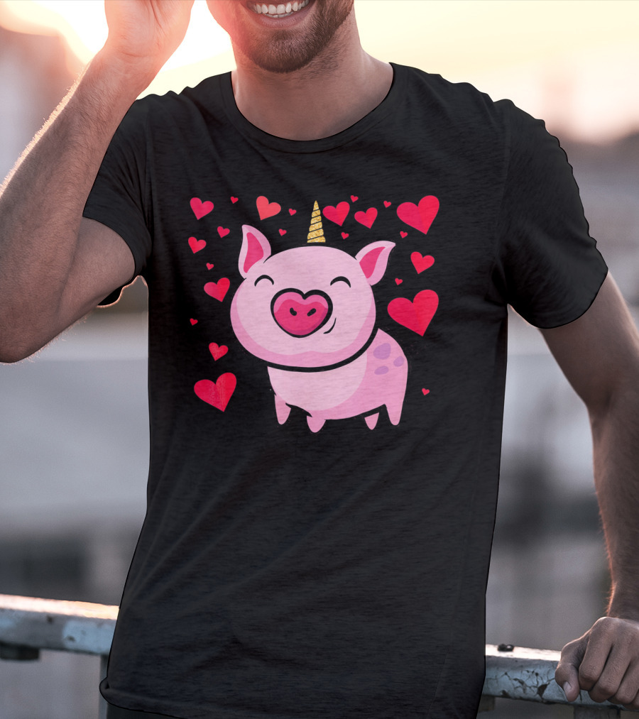 Pigacorn Valentine Unicorn Pig With Hearts For Lovers T-Shirt
