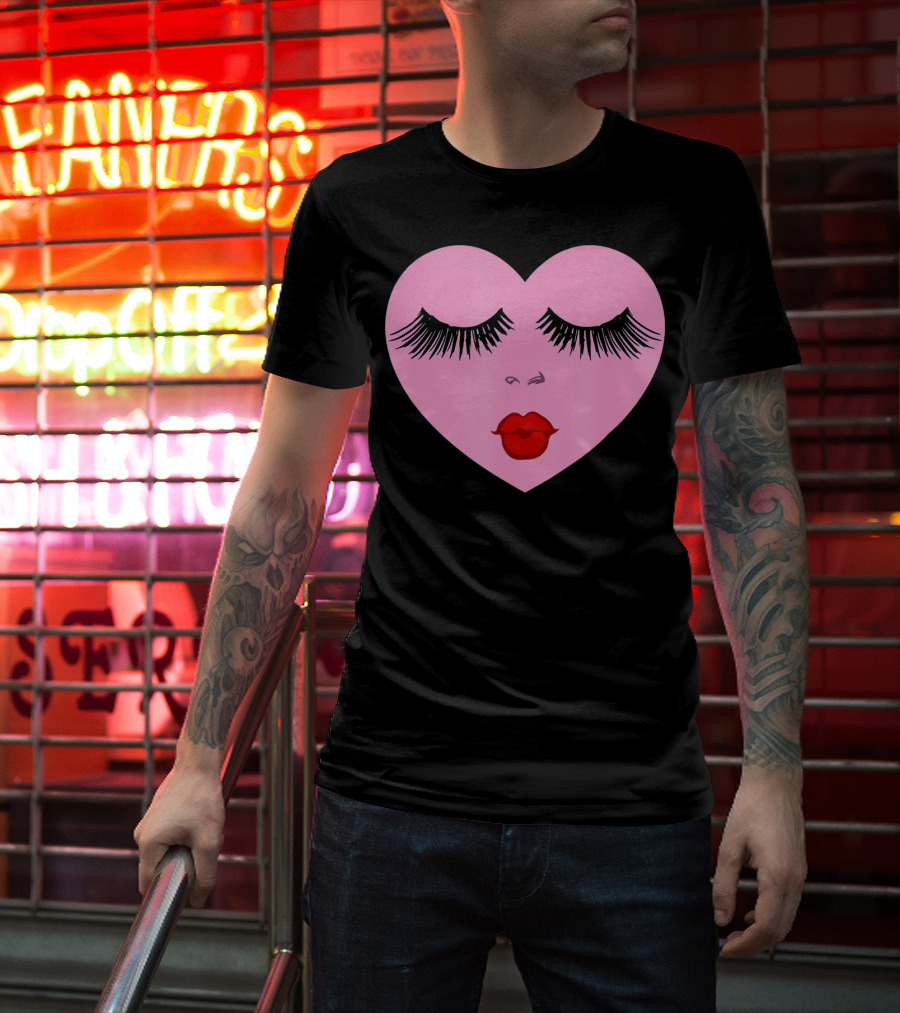 Pink Heart With Eyelashes And Red Lips Valentine T-Shirt