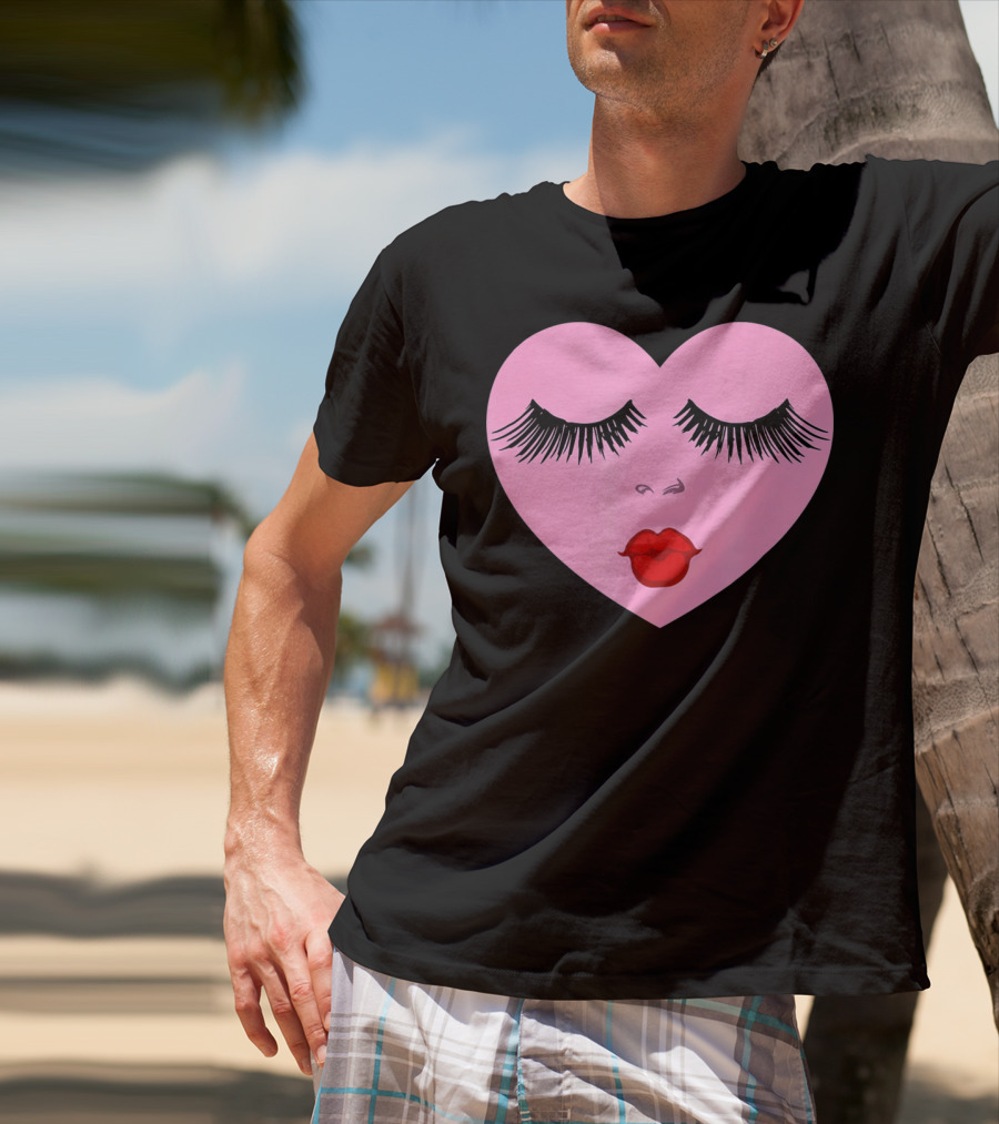 Pink Heart With Eyelashes And Red Lips Valentine T-Shirt