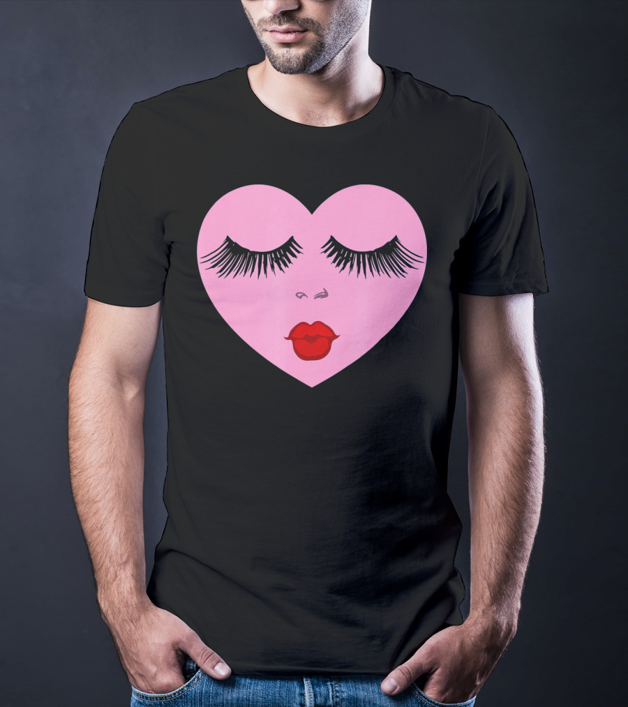 Pink Heart With Eyelashes And Red Lips Valentine T-Shirt