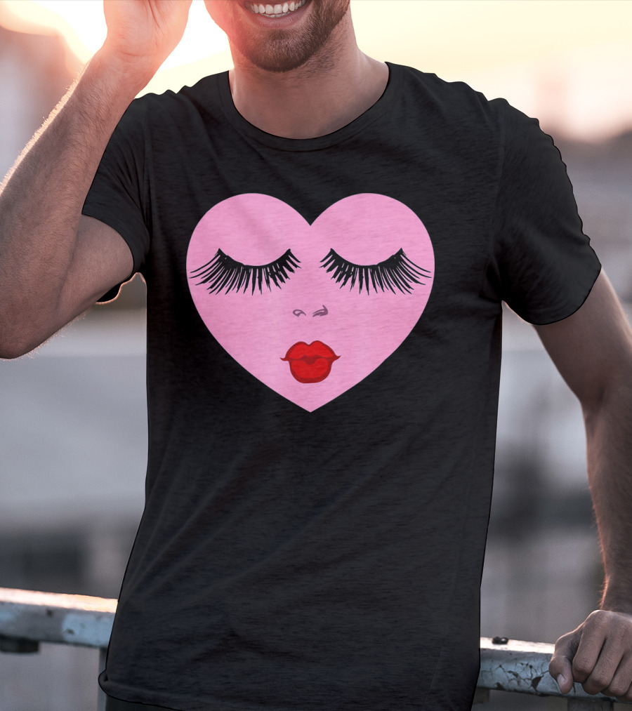 Pink Heart With Eyelashes And Red Lips Valentine T-Shirt