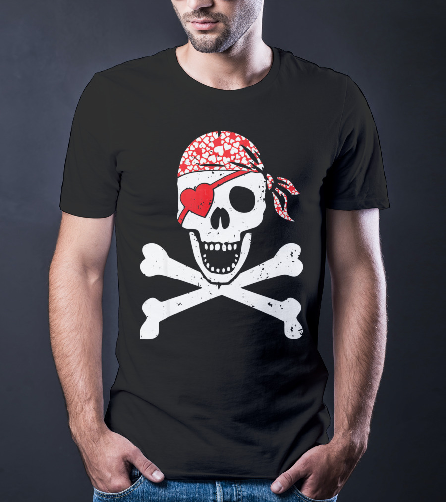 Pirate Skull And Crossbones Heart Bandana Eye Patch Flag Va T-Shirt