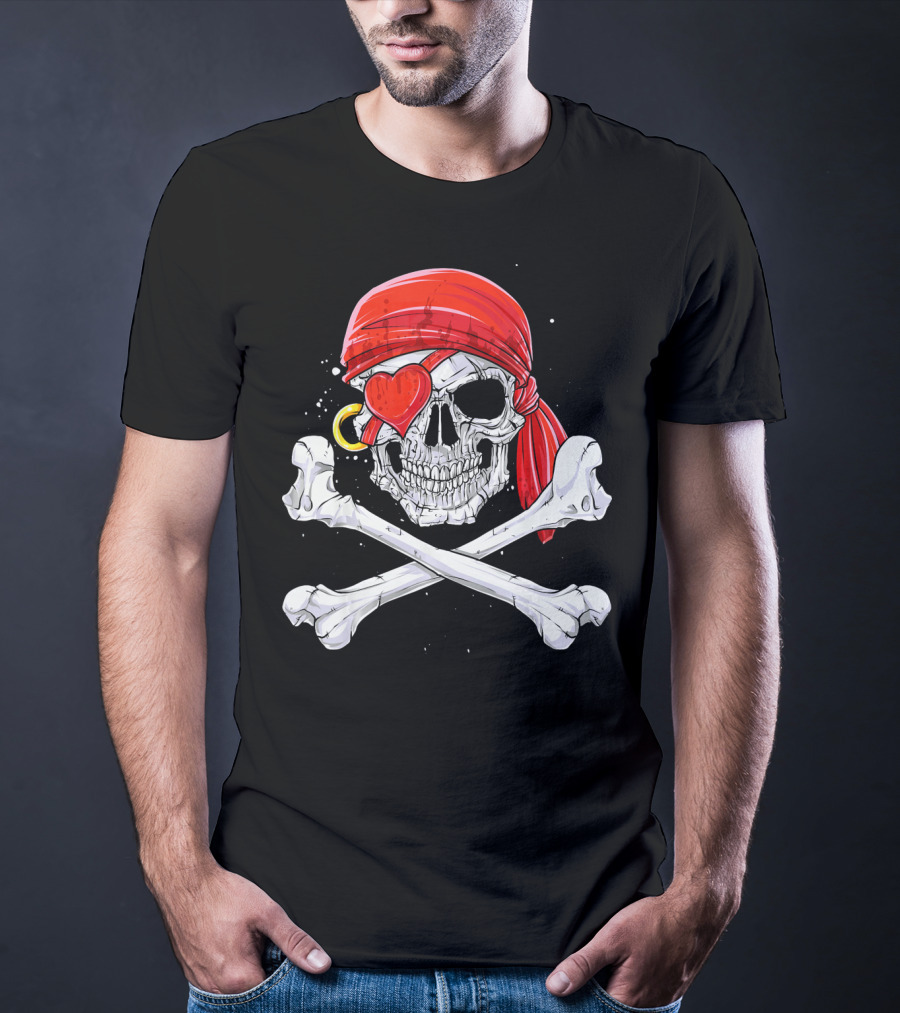 Valentine Pirate Skull With Heart Eye Patch And Crossbones T-Shirt
