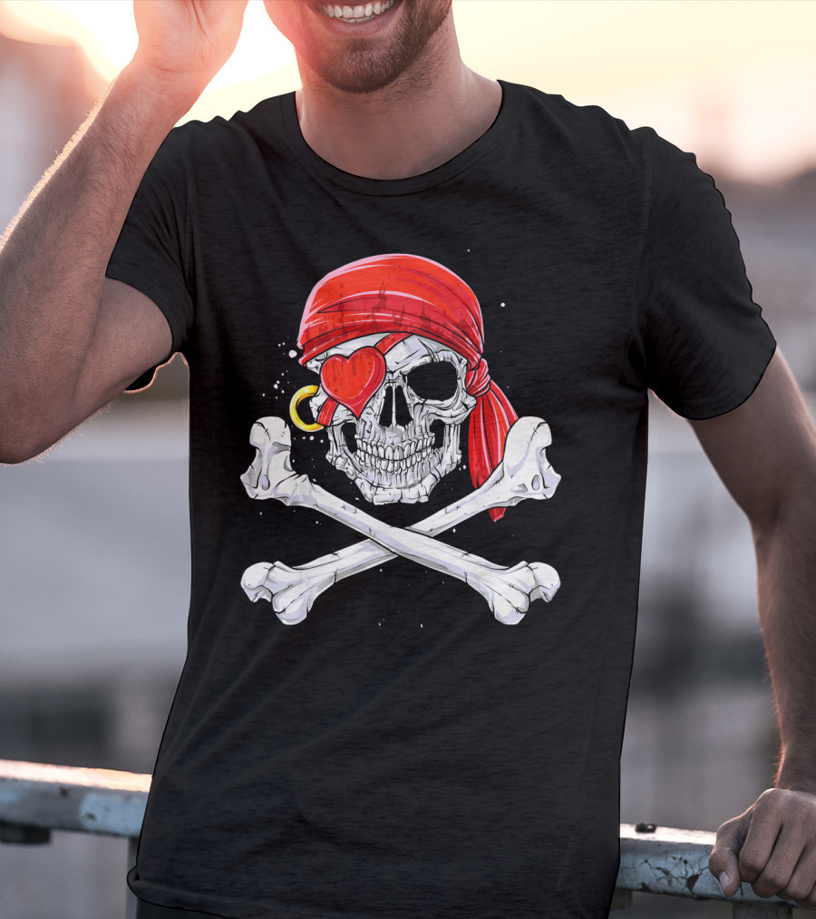 Valentine Pirate Skull With Heart Eye Patch And Crossbones T-Shirt