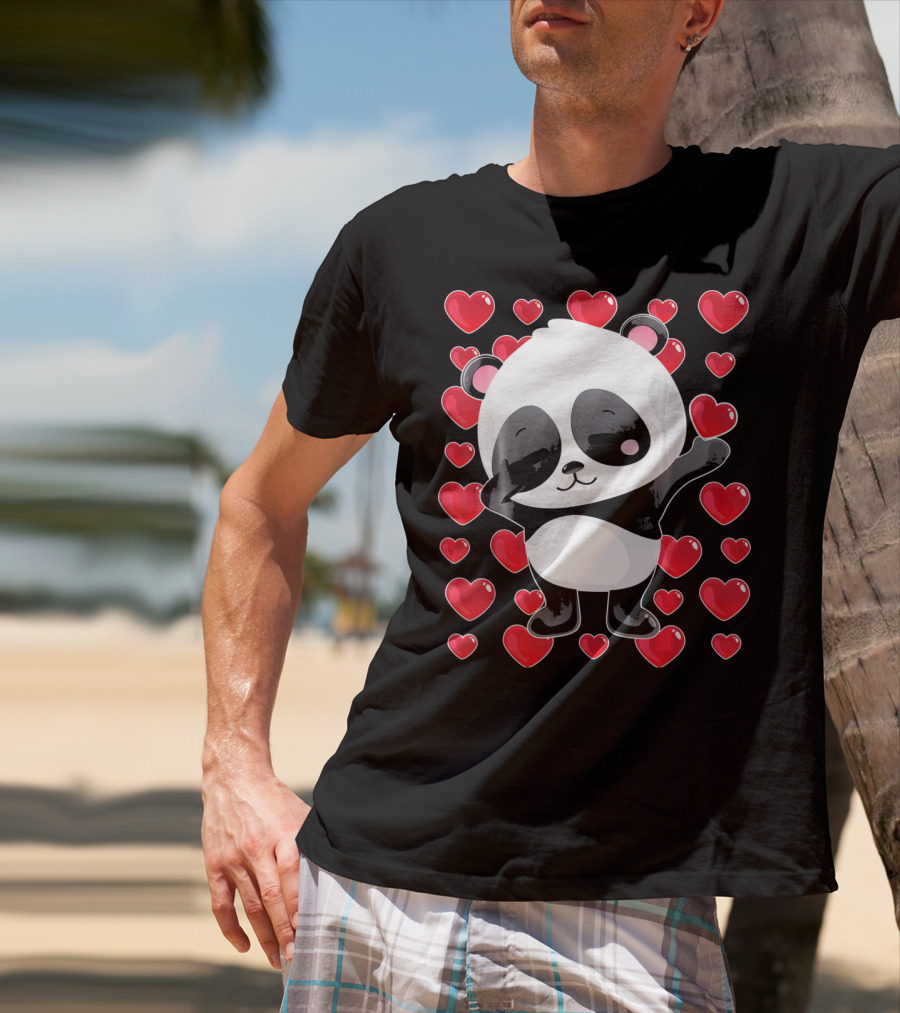 Panda Surrounded By Hearts For Valentines Day T-Shirt