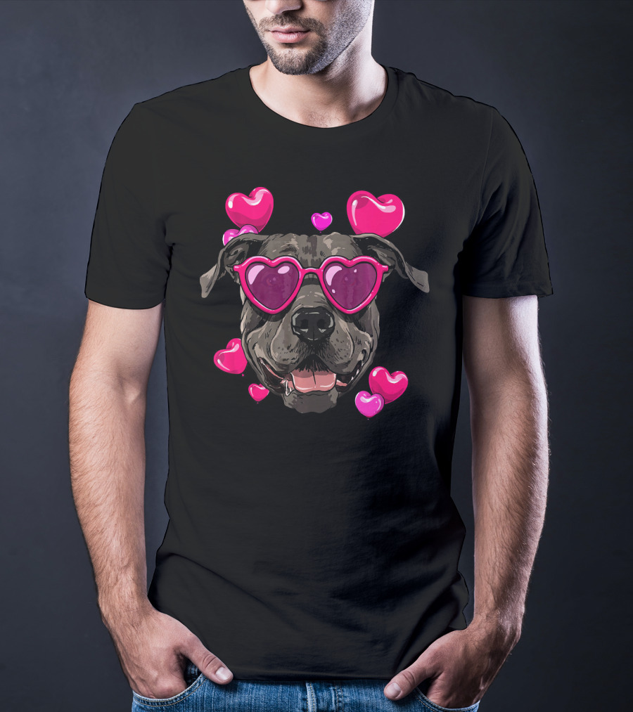 Pit Bull Heart Sunglasses Valentines Day Dog With Hearts T-Shirt