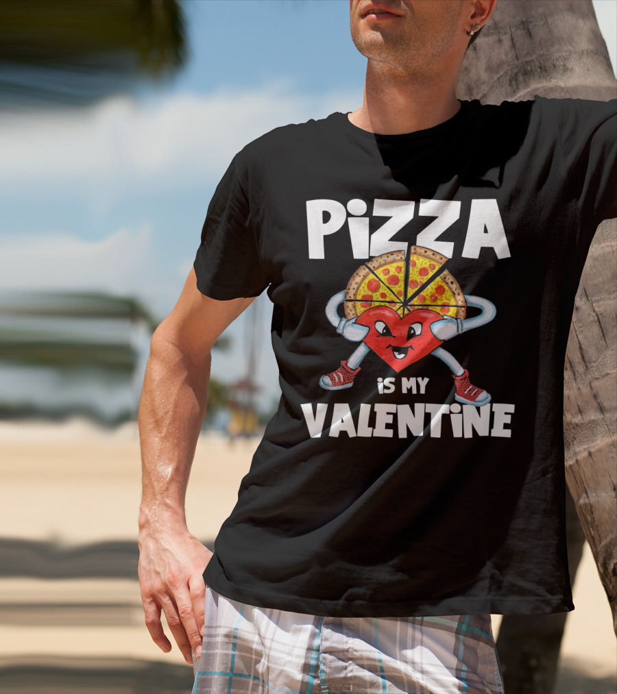 Pizza Is My Valentine Comic Heart Character With Pizza Slice Valentine’s Day T-Shirt