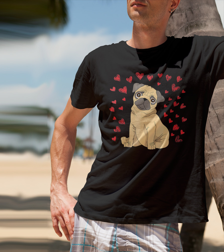 Pug Dog Lover Puppy Surrounded By Red Hearts T-Shirt