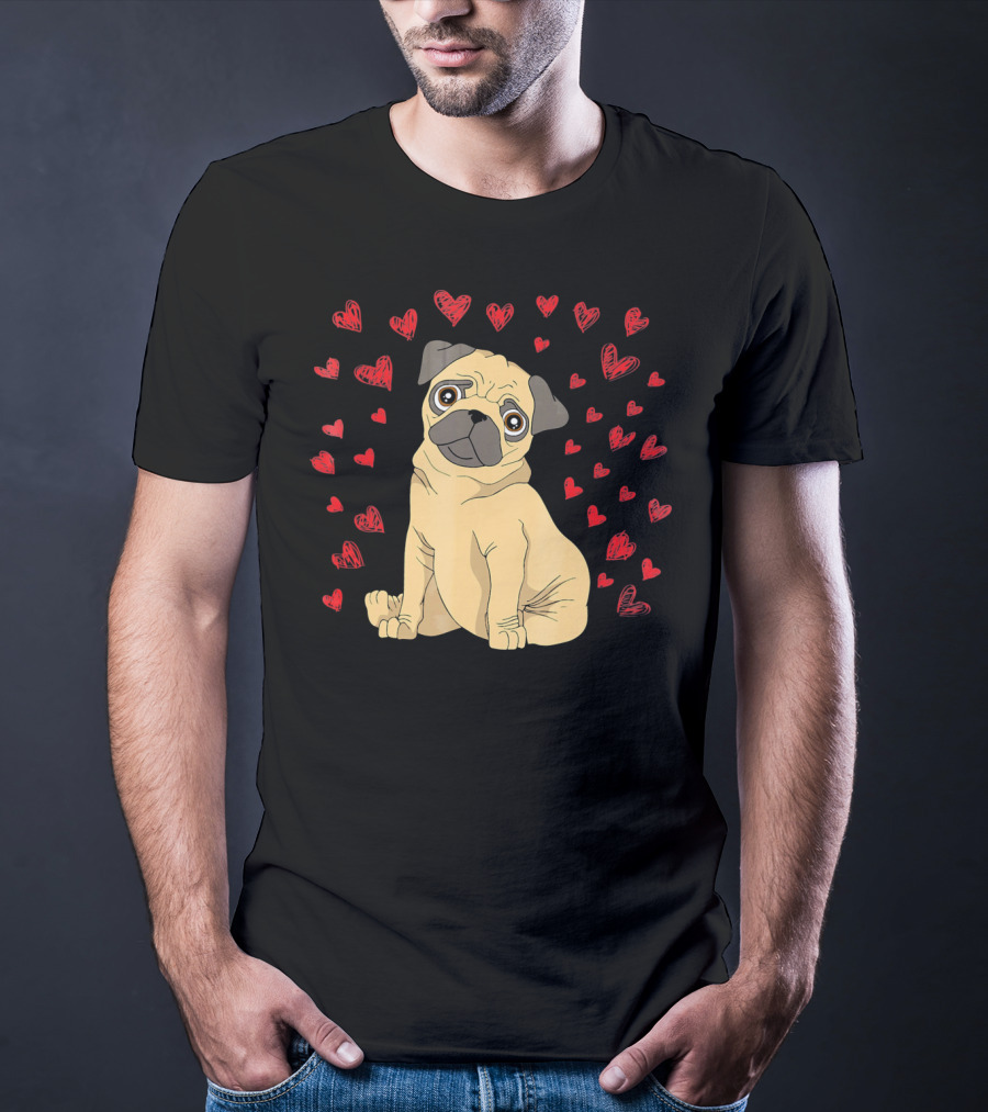 Pug Dog Lover Puppy Surrounded By Red Hearts T-Shirt