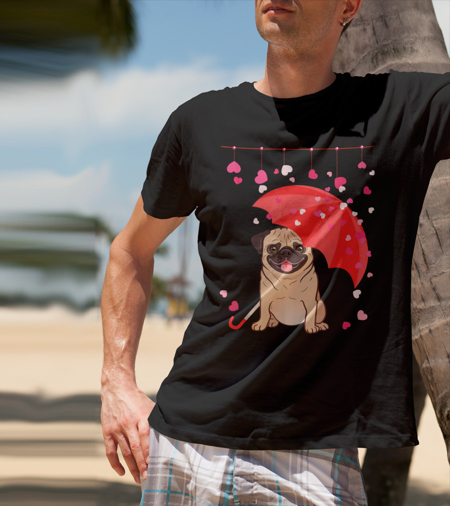 Pug With Umbrella And Falling Hearts Valentine's Day T-Shirt