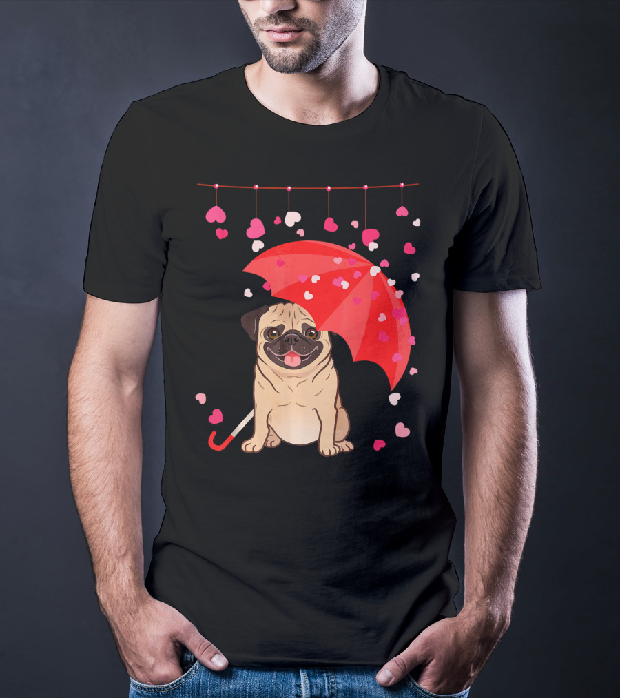 Pug With Umbrella And Falling Hearts Valentine's Day T-Shirt