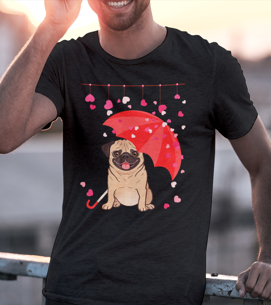 Pug With Umbrella And Falling Hearts Valentine's Day T-Shirt