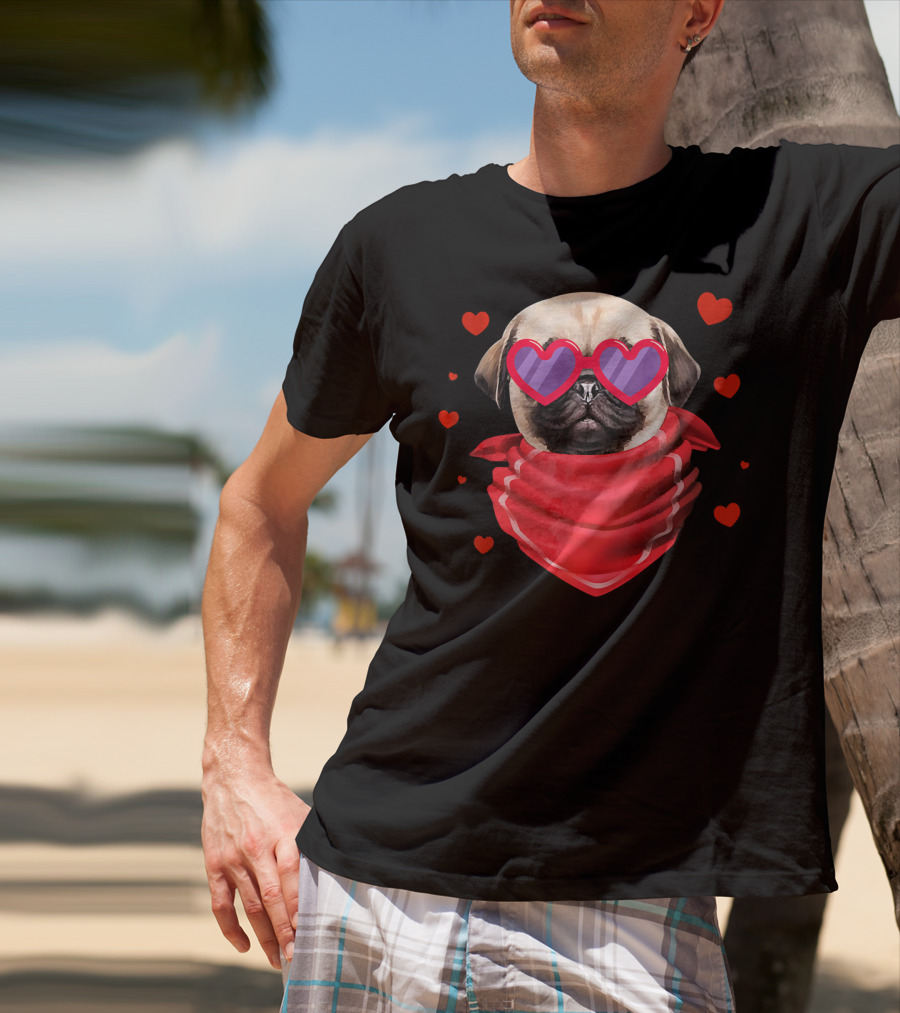 Pug Valentines Day Heart-Shaped Glasses And Bandana With Hearts T-Shirt