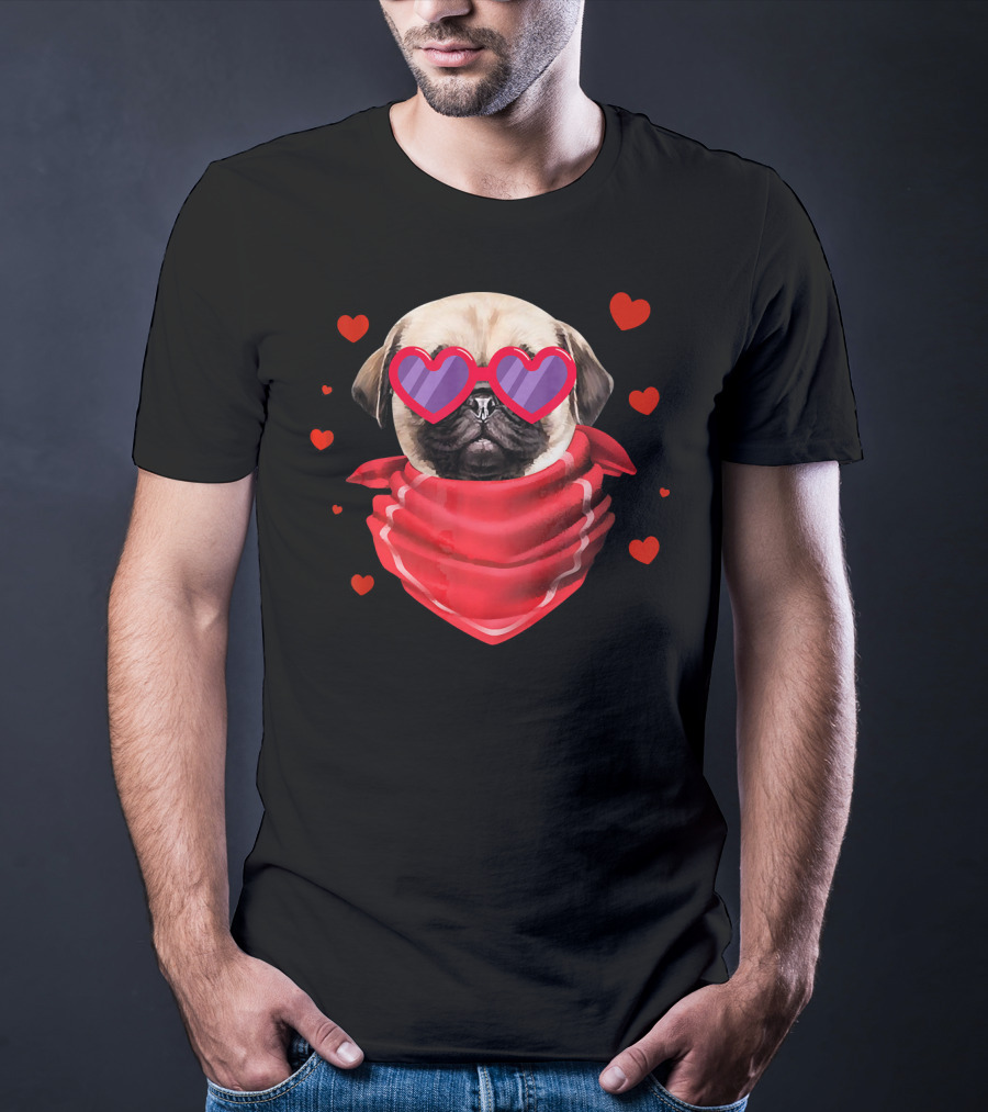 Pug Valentines Day Heart-Shaped Glasses And Bandana With Hearts T-Shirt