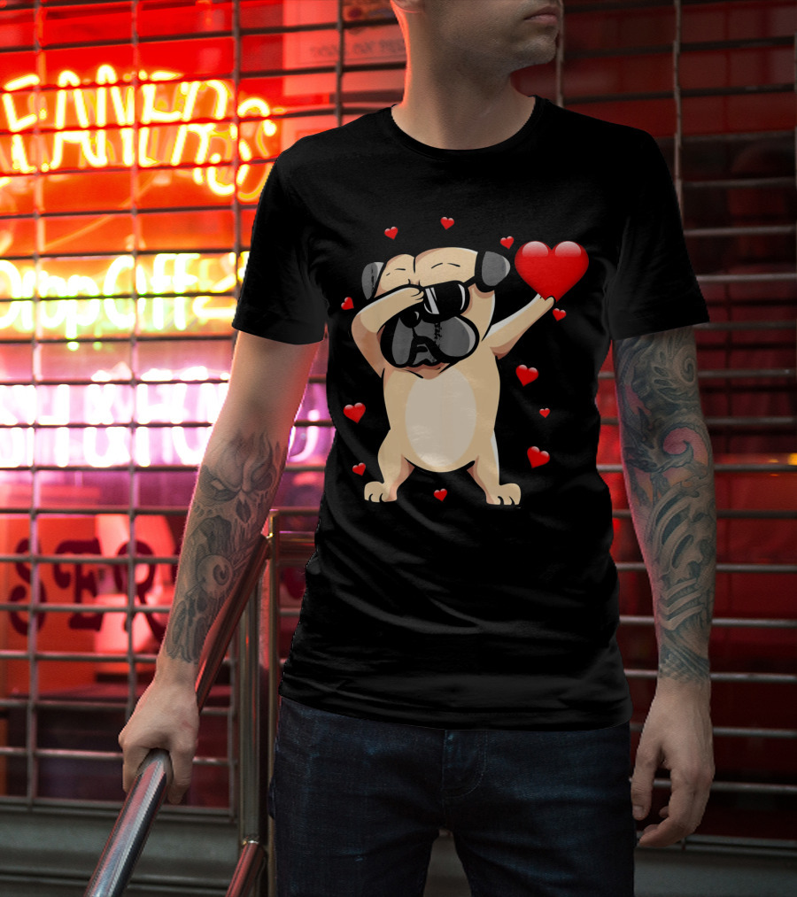 Pug Valentines Day Dabbing Love Dog With Hearts T-Shirt