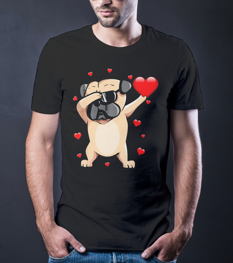 Pug Valentines Day Dabbing Love Dog With Hearts T-Shirt