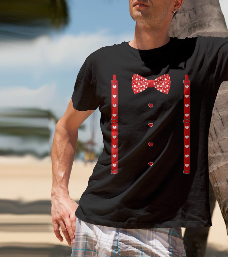 Red Hearts Bow Tie And Suspenders Valentine T-Shirt