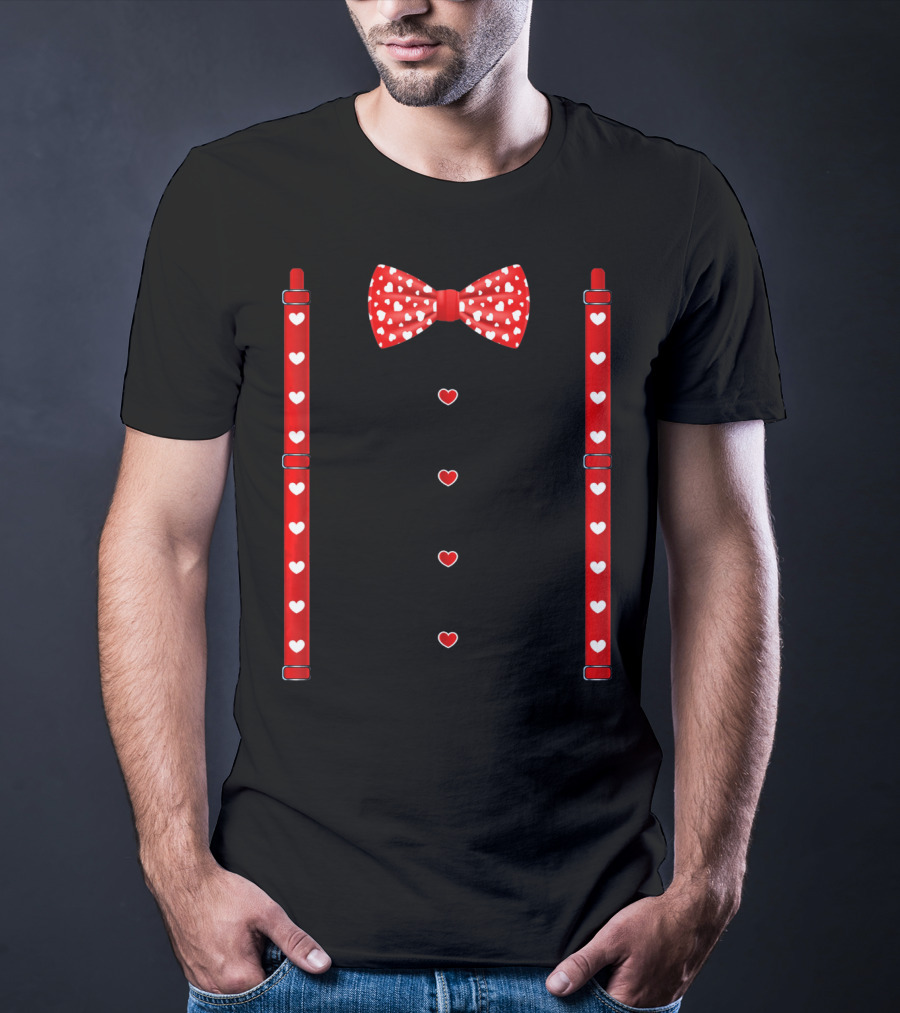 Red Hearts Bow Tie And Suspenders Valentine T-Shirt