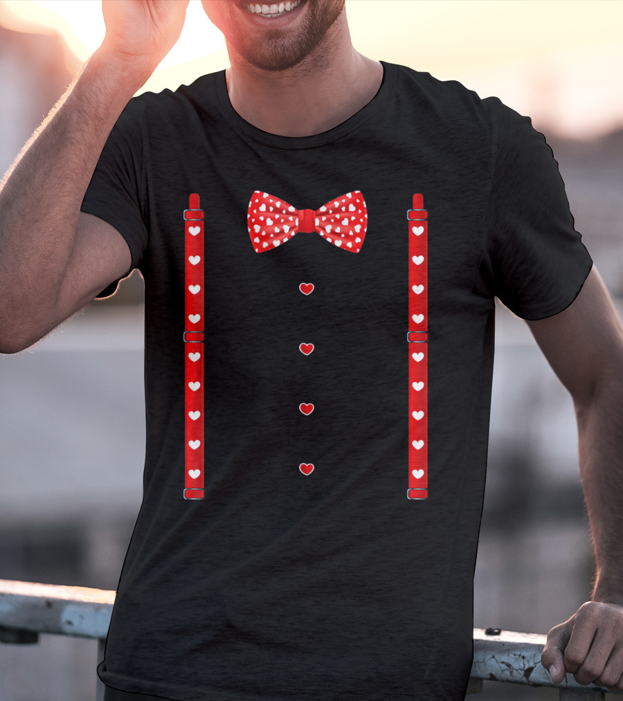 Red Hearts Bow Tie And Suspenders Valentine T-Shirt