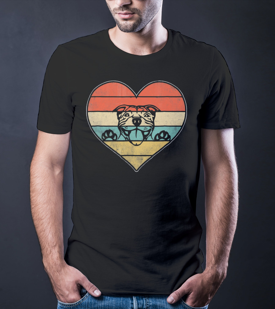 Retro Vintage Pit Bull Heart Valentine Stripes T-Shirt
