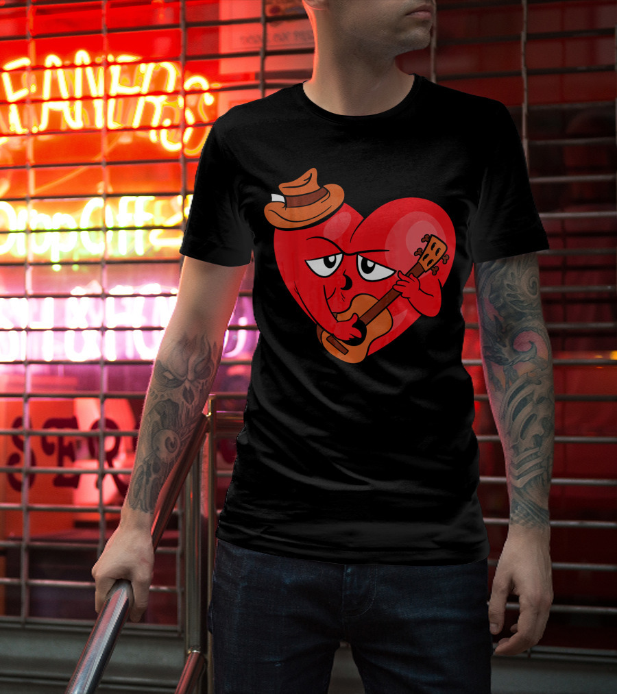 Heart Playing Guitar With Cowboy Hat Valentine's Day T-Shirt
