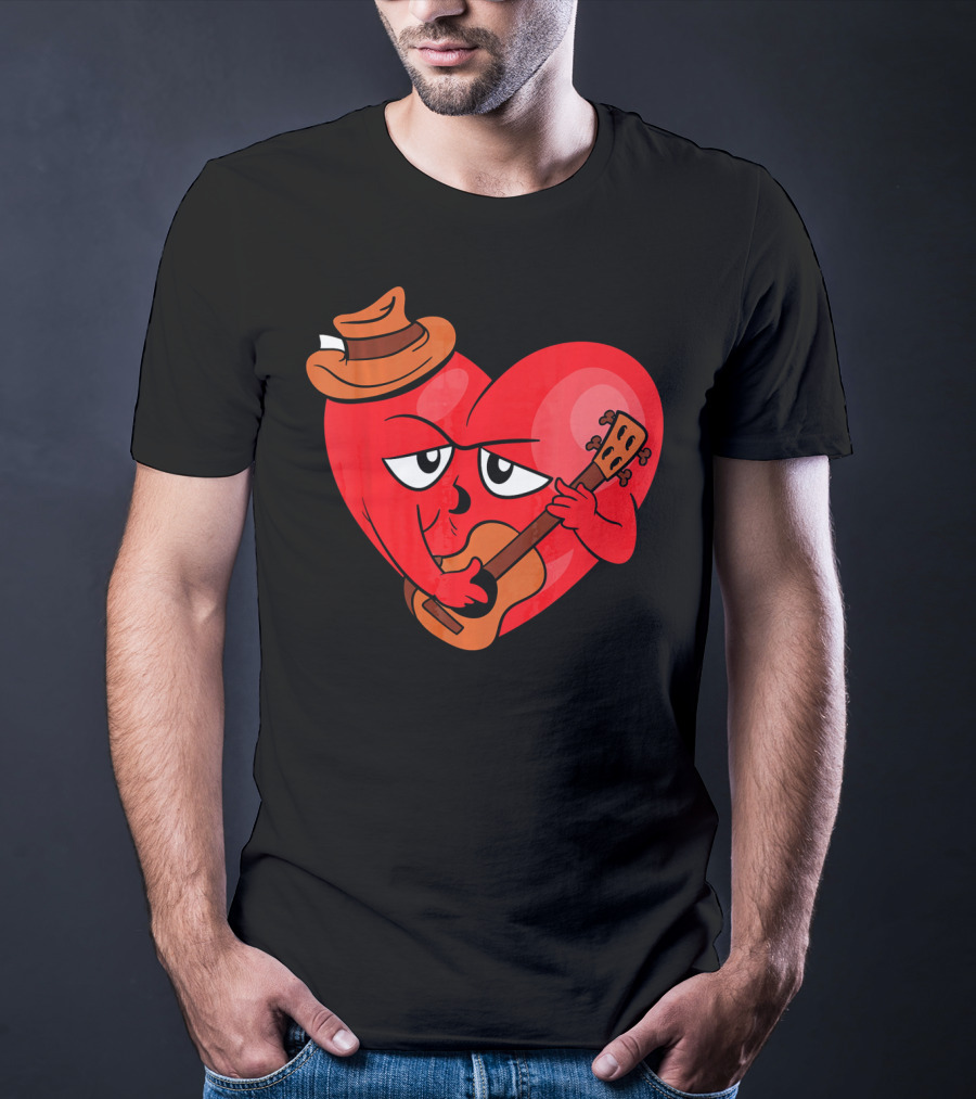 Heart Playing Guitar With Cowboy Hat Valentine's Day T-Shirt