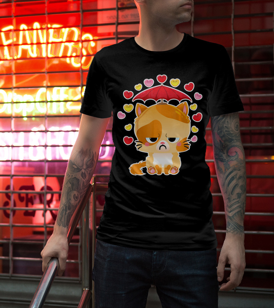 Sad Cat Under Umbrella With Raining Hearts Valentine's Day T-Shirt