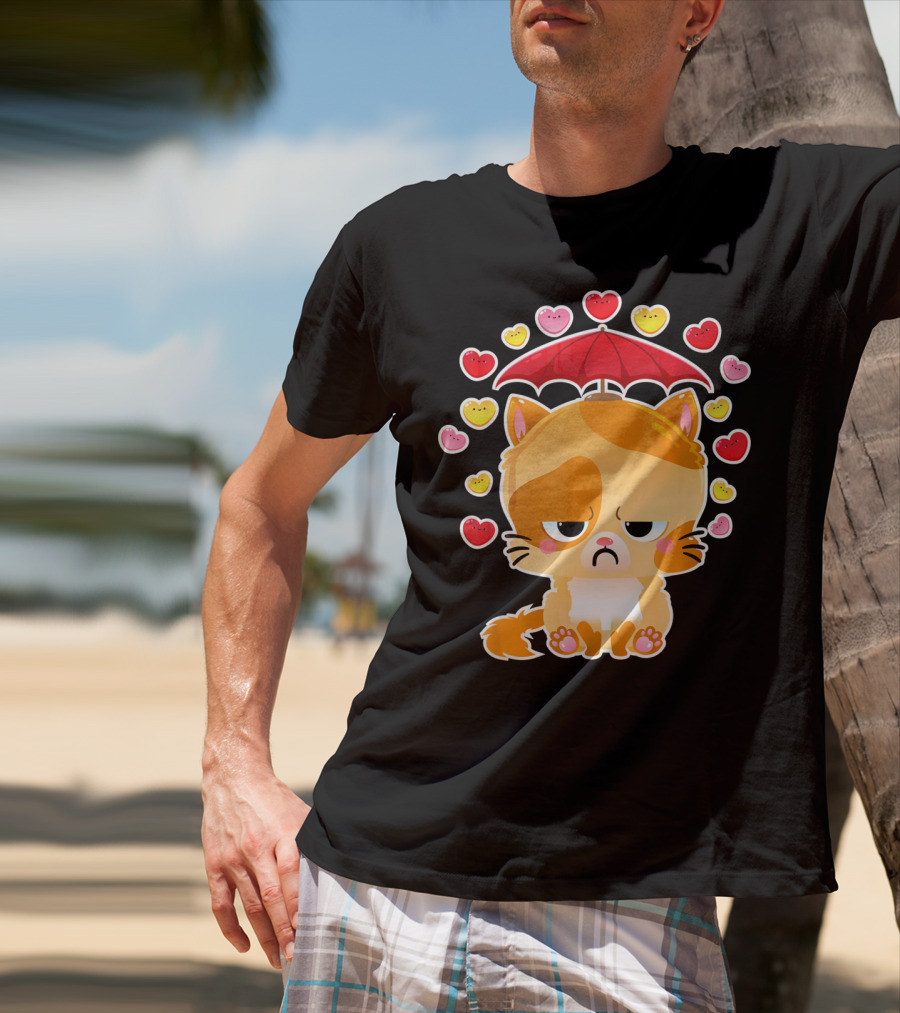 Sad Cat Under Umbrella With Raining Hearts Valentine's Day T-Shirt