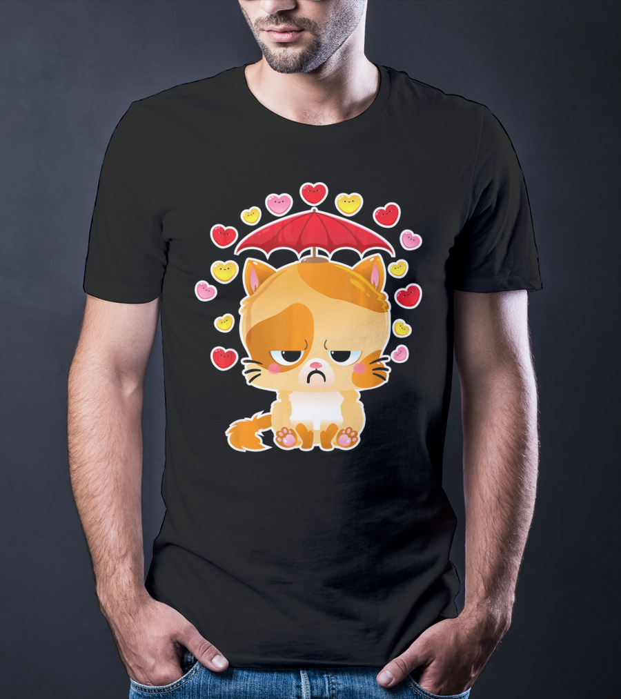 Sad Cat Under Umbrella With Raining Hearts Valentine's Day T-Shirt