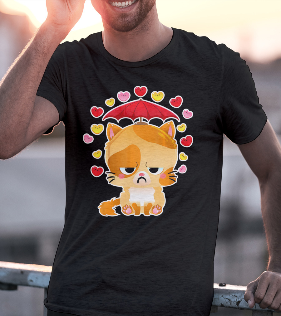 Sad Cat Under Umbrella With Raining Hearts Valentine's Day T-Shirt