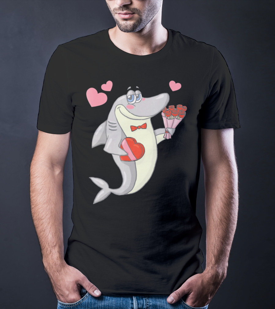 Shark Holding Heart Box And Bouquet With Hearts Valentine T-Shirt