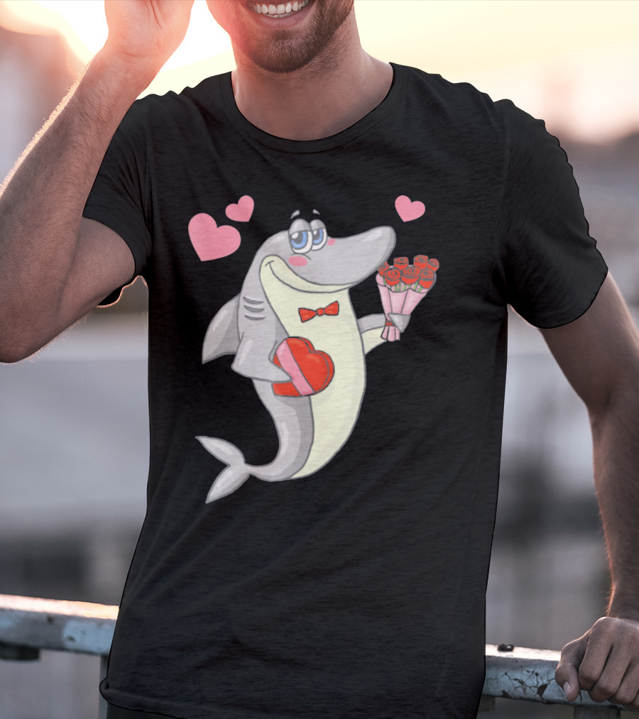 Shark Holding Heart Box And Bouquet With Hearts Valentine T-Shirt