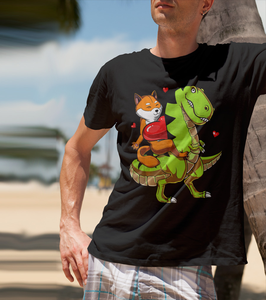 Shiba Inu Riding Green T-Rex Dinosaur With Red Hearts T-Shirt